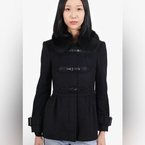 BURBERRY LONDON BLACK VIRGIN WOOL/CASHMERE FOX FUR COLLAR DUFFLE COAT SIZE US 4
